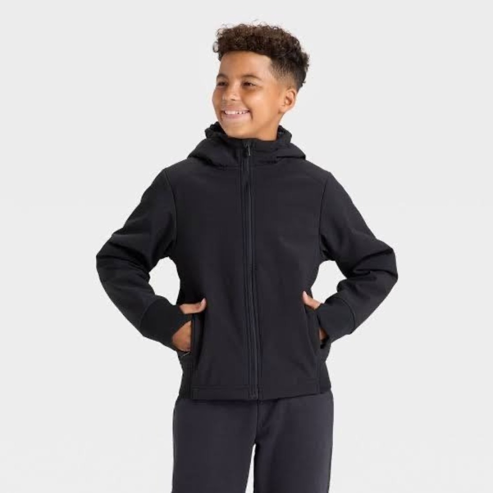 All In Motion Black Softshell Fleece Jacket Hooded Water Resistant S 6/7 NWT